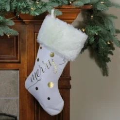 Northlight 19" Ivory White Gold Foil "Merry" Christmas Stocking With White Faux Fur Cuff