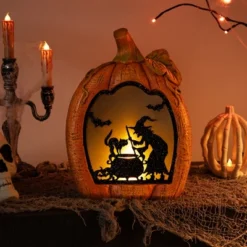 Northlight Witch Stirring Flickering Cauldron Scene Inside Pumpkin Halloween Decoration - 13" - LED Orange Light