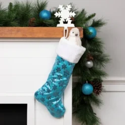 Northlight 20.5" Ice Palace Blue Sequin Snowflake Christmas Stocking With White Faux Fur Cuff