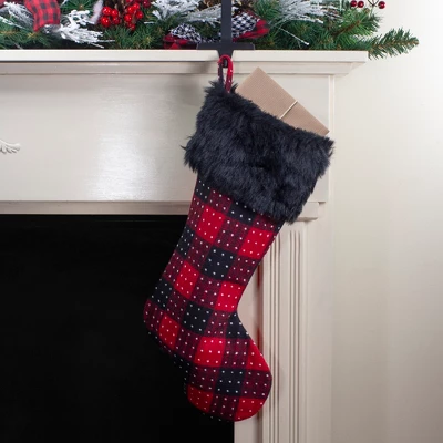 Northlight 21.5" Red And Black Plaid With Dots And Faux Fur Cuff Christmas Stocking 1 Northlight 21.5" Red And Black Plaid With Dots And Faux Fur Cuff Christmas Stocking