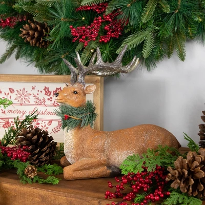 Northlight Glittered Sitting Deer With Pine Neck Wreath Christmas Decoration - 10" 1 Northlight Glittered Sitting Deer With Pine Neck Wreath Christmas Decoration - 10"