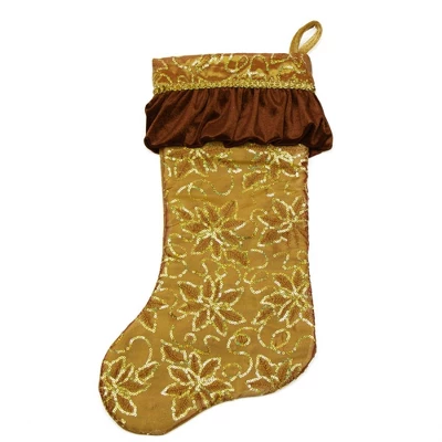 Northlight 19" Gold Sequined Floral Venetian Style Ruffle Cuff Christmas Stocking 1 Northlight 19" Gold Sequined Floral Venetian Style Ruffle Cuff Christmas Stocking