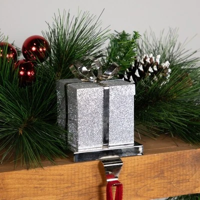 Northlight 5.5" Silver Glitter Gift Box With Bow Christmas Metal Stocking Holder 2 Northlight 5.5" Silver Glitter Gift Box With Bow Christmas Metal Stocking Holder - Image 2