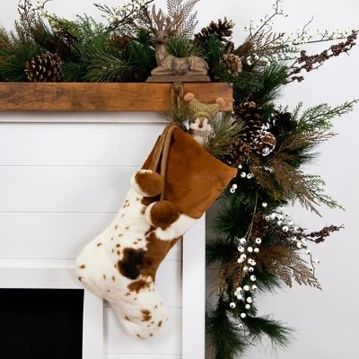 Northlight Plush Cowhide Inspired Christmas Stocking With Pom Poms - 20.5" - Brown 1 Northlight Plush Cowhide Inspired Christmas Stocking With Pom Poms - 20.5" - Brown