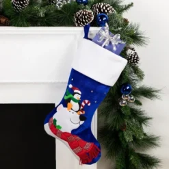 Northlight 24" Large Penguin And Bear Blue Velveteen Christmas Stocking With White Cuff