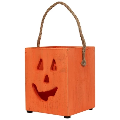 Northlight Small Orange Wood Jack O Lantern Halloween Candle Lantern - 6.25" 4 Northlight Small Orange Wood Jack O Lantern Halloween Candle Lantern - 6.25" - Image 4
