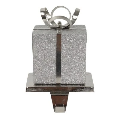 Northlight 5.5" Silver Glitter Gift Box With Bow Christmas Metal Stocking Holder 3 Northlight 5.5" Silver Glitter Gift Box With Bow Christmas Metal Stocking Holder - Image 3