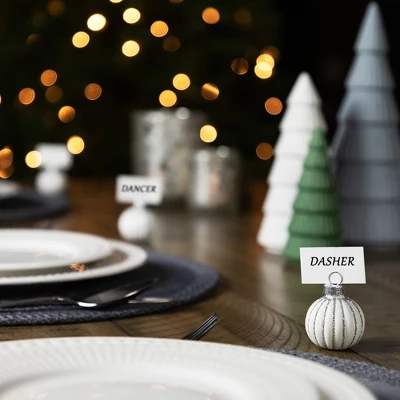 Northlight Glitter Striped Glass Christmas Ornament Place Card Holders - 2" - White - Set Of 6 1 Northlight Glitter Striped Glass Christmas Ornament Place Card Holders - 2" - White - Set Of 6