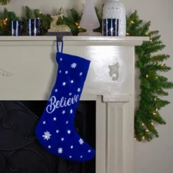 Northlight 18" LED Blue Stocking "Believe" With White Snowflakes