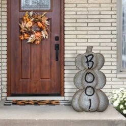 Northlight Boo! Stacked Pumpkins Metal Halloween Porch Sign - 28" - Silver