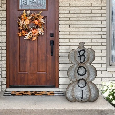 Northlight Boo! Stacked Pumpkins Metal Halloween Porch Sign - 28" - Silver 1 Northlight Boo! Stacked Pumpkins Metal Halloween Porch Sign - 28" - Silver