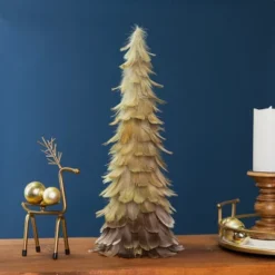 Northlight Feather Layered Cone Tree Christmas Decoration - 19.5" - Moss Green And Brown