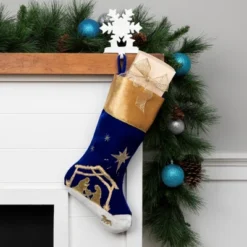 Northlight 20.5" Blue And Gold Nativity Scene Christmas Stocking With Gold Cuff