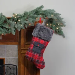 Northlight 20.5" Red And Black Plaid Christmas Stocking With Pocket And Faux Fur Cuff
