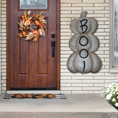 Northlight Boo! Stacked Pumpkins Metal Halloween Porch Sign - 28" - Silver 2 Northlight Boo! Stacked Pumpkins Metal Halloween Porch Sign - 28" - Silver - Image 2