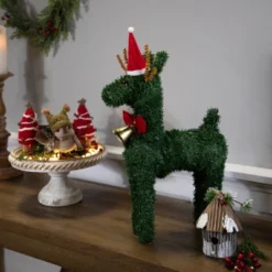 Northlight Reindeer With Santa Hat, Bell And Bow Artificial Pine Christmas Decoration - 16" -Holiday Decoration Store GUEST ae420e9d b2fc 49b5 8740 8bf48e7dd626