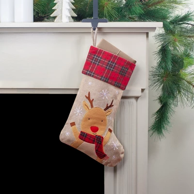 Northlight 19" Burlap Plaid Whimsical Reindeer Waiving Christmas Stocking 1 Northlight 19" Burlap Plaid Whimsical Reindeer Waiving Christmas Stocking