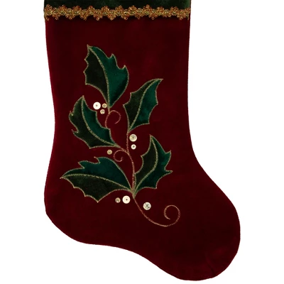 Northlight 21" Red And Green Holly Embroidered Velvet Christmas Stocking 3 Northlight 21" Red And Green Holly Embroidered Velvet Christmas Stocking - Image 3