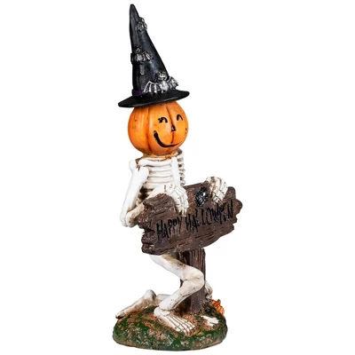 Northlight Jack-O-Lantern Skeleton In Witch's Hat And Happy Halloween Sign - 9.5" 2 Northlight Jack-O-Lantern Skeleton In Witch's Hat And Happy Halloween Sign - 9.5" - Image 2