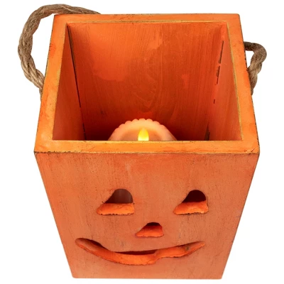 Northlight Small Orange Wood Jack O Lantern Halloween Candle Lantern - 6.25" 5 Northlight Small Orange Wood Jack O Lantern Halloween Candle Lantern - 6.25" - Image 5